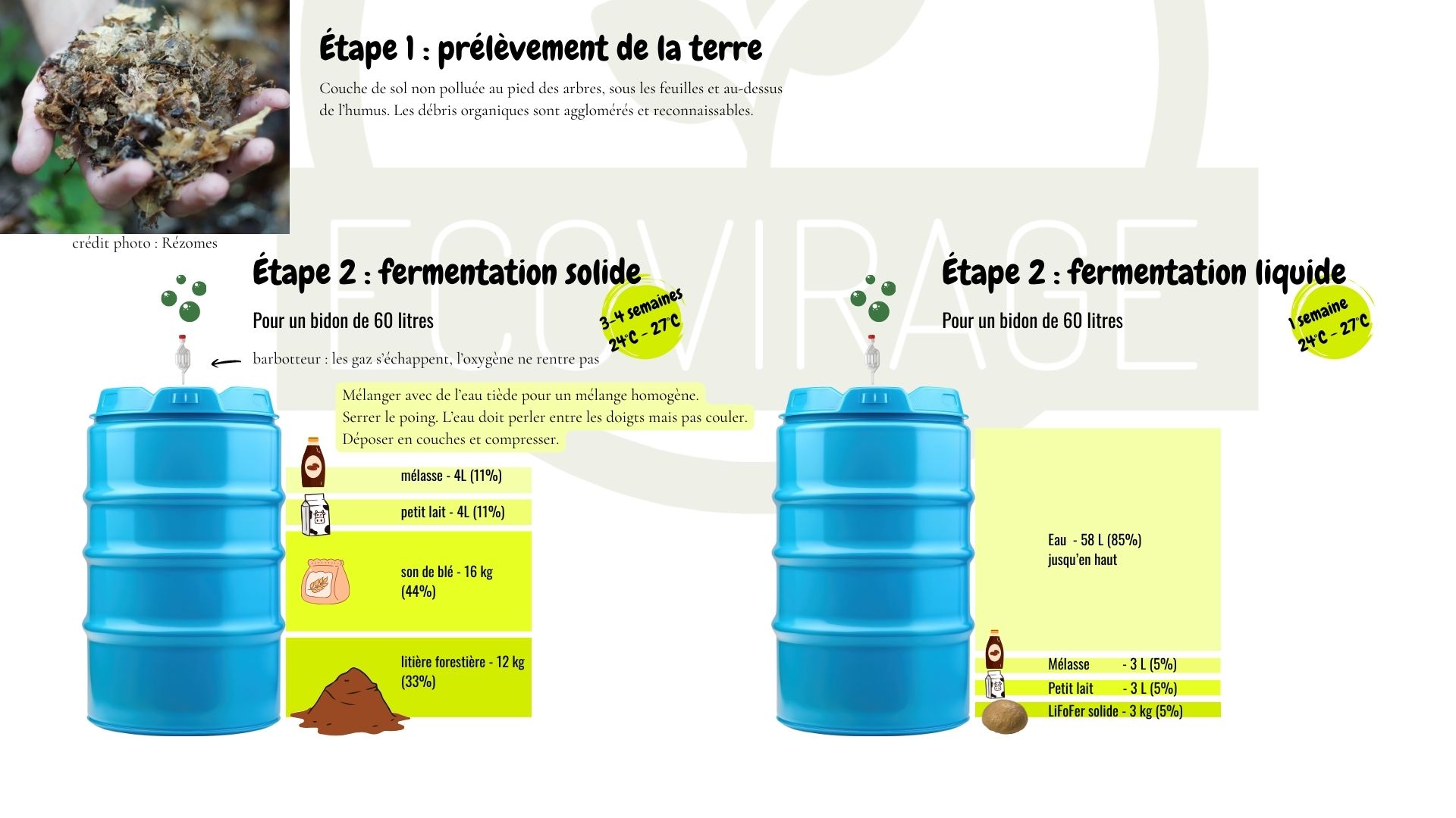 Schéma illustrant les étapes de fabrication de la LiFoFer, solide et liquide, avec ingrédients et temps de fermentation.